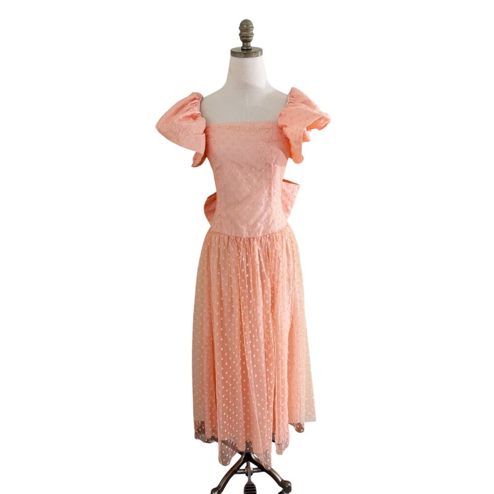 Vintage 80s Peach Tulle Swiss Dot Prom Dress Sz XS/S Short Sleeve Ruffle Accent